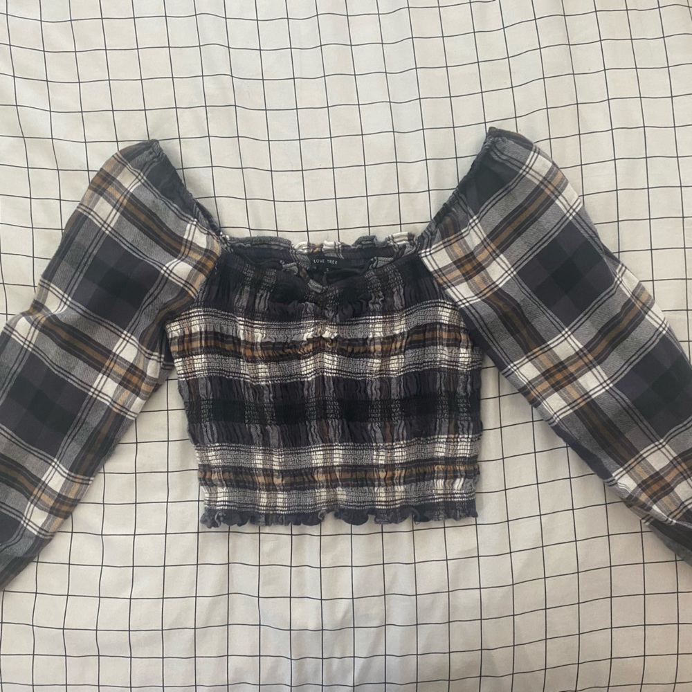 PAPAYA - crop ruched plaid top